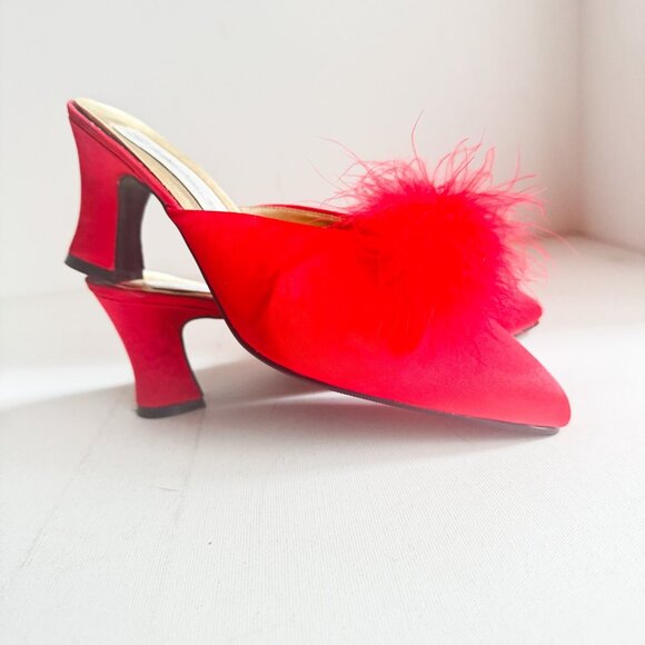Vintage Intimate Details Red Satin Fur Pom Pom Bedroom Slippers Kitten Heel 8 - Picture 3 of 7